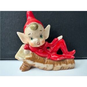 Vintage Mid Century Elf Figurine in Red Outfit on log Ceramic Japan